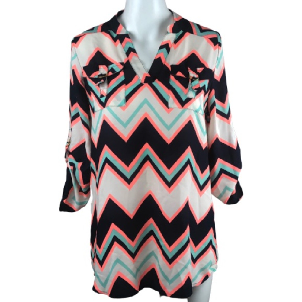 Rue 21 woman’s shirt semi sheer chevron pattern neon